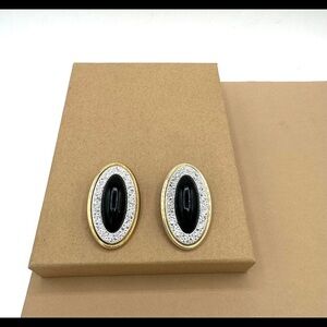 Statement big oval clip on earrings black gold